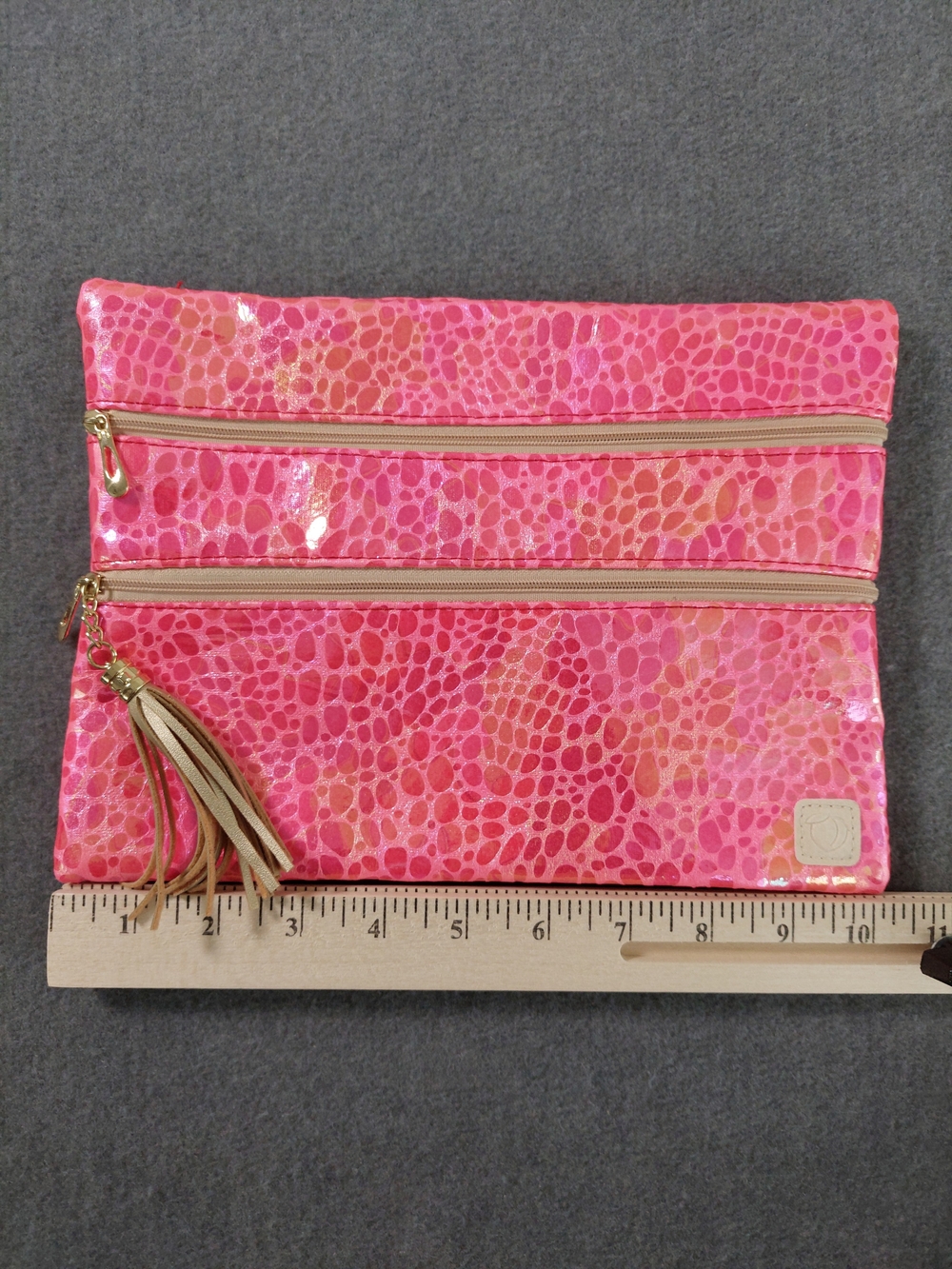 Metallic Hot Pink Textured Multi Zipper Cosmetic Bag Pouch with Peach Patch